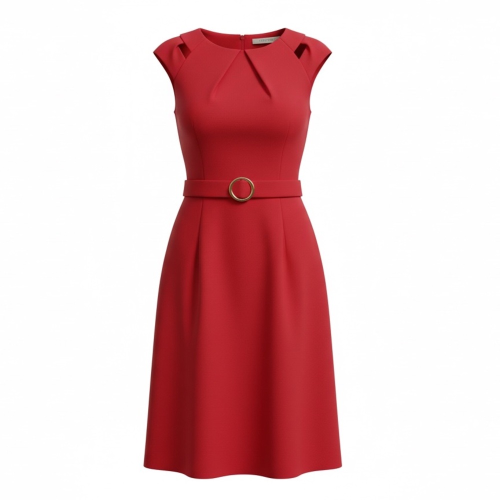 NWOT Almatti Red Belted Shift Dress Cap Sleeve Office Workwear Midi-size M
